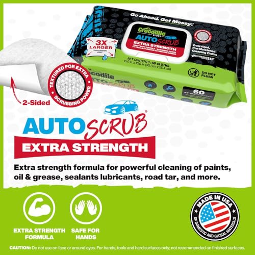Crocodile Cloth AutoSCRUB Heavy-Duty Cleaning Wipes, 60 Count | Removes Oil, Grease, Paint, Tar, Brake Dust, Hydraulic Fluid, Silicone, Sealants & Road Grime from Tools & Hands