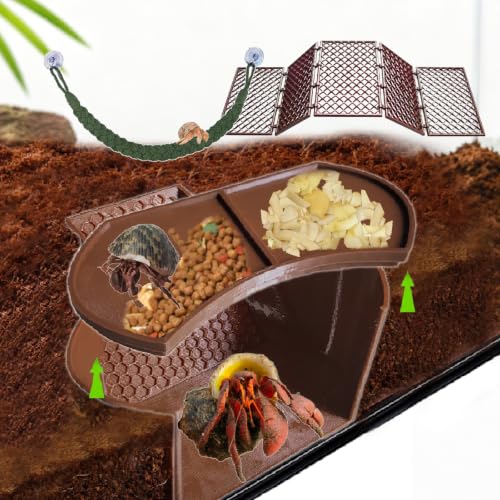 Hermit Crab Cave Habitat Bundle 3-in-1 Climbing & Hiding Set, Cave with Viewing Window + DIY Mesh Ladder & Platform + Suction Cup Rope Ladder Tank Accessories, Reptile Habitat Décor
