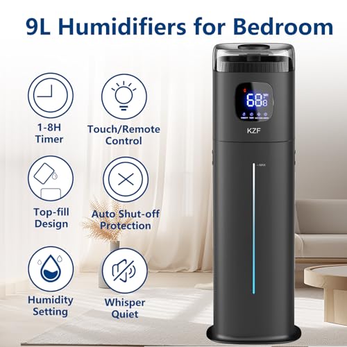 Large Humidifier for Bedroom, 9L/2.5Gallon Ultrasonic Cool Mist Humidifier with Humidistat, 360°Nozzle, 350ML/H Big Mist Level, Suitable for Kids Room Livingroom Yoga Office Plant (Black, 9, Liters) - color: Black
