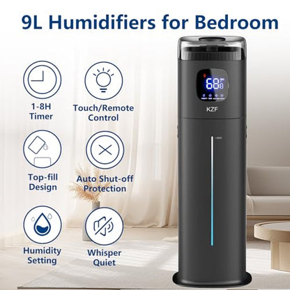 Large Humidifier for Bedroom, 9L/2.5Gallon Ultrasonic Cool Mist Humidifier with Humidistat, 360°Nozzle, 350ML/H Big Mist Level, Suitable for Kids Room Livingroom Yoga Office Plant (Black, 9, Liters) - color: Black