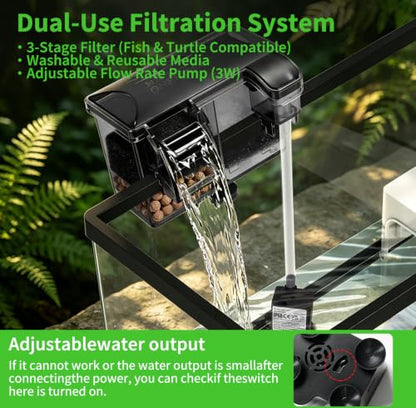 15.7in Turtle Tank Starter Kit with Basking Platform, Hang-on-Back Tank Filter, Adjustable Flow Pump & 360° Timer Basking Light, Bottom Drainage Reptile Aquarium for Small Turtles Aquatic Pets