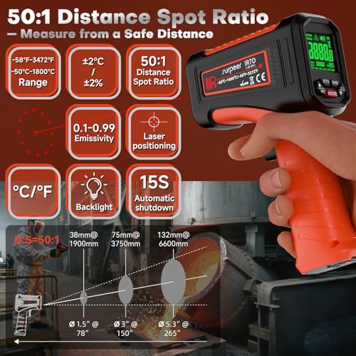 -58℉~3272℉ Infrared Thermometer IR Gun, High-Temp Digital Temperature Gun, 50:1 Non-Contact Pyrometer for Kiln, Forge, Furnace, Engine, HVAC & Industrial Applications - color: -58°F to 3272°F
