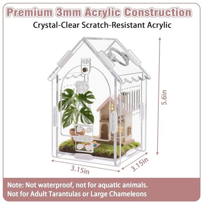 Acrylic Jumping Spider Enclosure 3.15"x3.15"x5.6" – Magnetic Front Opening Terrarium for Tarantulas, Mantis & Small Reptiles | Escape-Proof Habitat with Ventilation & No-Tool Assembly