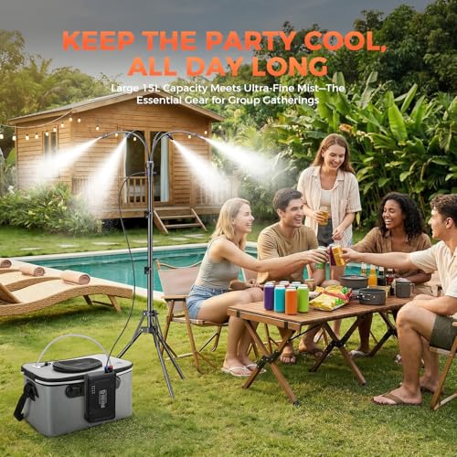 Portable Misting System with 15L Bucket, 10000mAh, 4.2FT Adjustable, Grey | Standing wireless mister, adjustable height, for backyard, pool, camping, BBQ