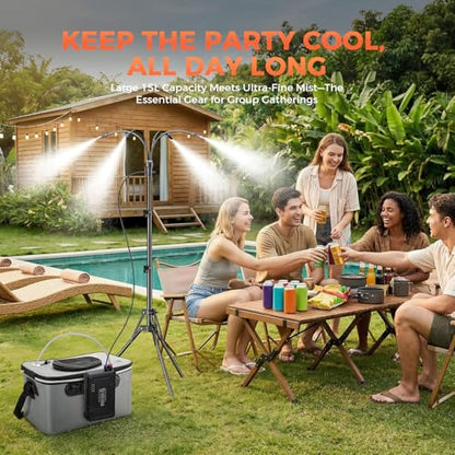 Portable Misting System with 15L Bucket, 10000mAh, 4.2FT Adjustable, Grey | Standing wireless mister, adjustable height, for backyard, pool, camping, BBQ