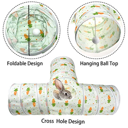 Bunny Rabbit Tunnels Rabbit Cat 3 Way Collapsible Tunnel with Cute Carrot Patterns Small Pet Hideout Activity Tunnel Tube Toy for Bunny Kitten Cat Dwarf Guinea Pig T Shape