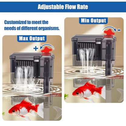 HOB Slim Aquarium Filter for Up to 5 Gallon Tank Ultra-Quiet Fish Tank Power Filter Flow Adjustable Suitable for Saltwater and Freshwater 42 GPH 3W