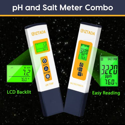 pH Meter and Salinity Tester Combo for Saltwater Pool and Aquarium | 6 in 1 pH Salt SG EC TDS Temp Meter for Reef Aquarium Seawater Tank Koi Fish Pond PPM and pH Water Tester for Hydroponics