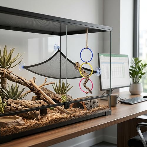 3PCS Snake Enrichment, Snake Enclosure Accessories, Reptile Habitat Accessories with Jute Rope and Black Mesh Hammock, Cage Climbing Structures for Environmental