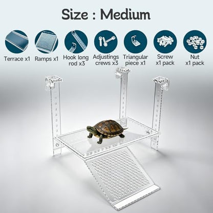 Turtle Basking Platform, Clear Acrylic Turtle Dock with Slip-Resistant Ramp and Built-in Hooks for Aquatic Turtles, Direction-Adjustable Ramp, Turtle Terrace, Turtle Tank Accessories - size: Medium