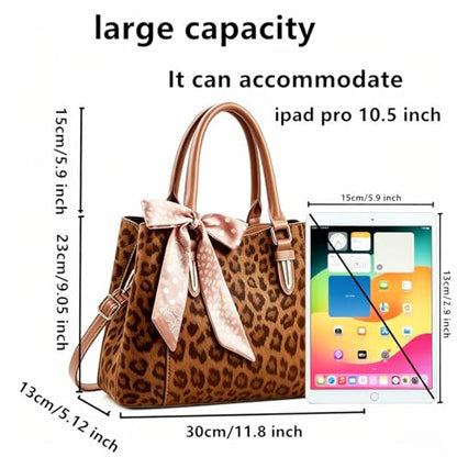 3 Compartment Satchel Purse Top Hnadle Bags Hobo Handbag for Women | Multi Compartment,Medium,Leopard Print Faux Fur,Detachable Shoulder Crossbody Strap,Work Office Daily,High elasticity base - color: Brown Leopard
