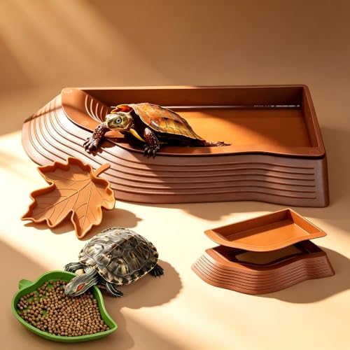 Turtle Water Dish with Ramp, Reptile Pool & Accessories | Turtle water dish with built-in ramp, soaking pool, and food bowl. Pet-safe resin, non-slip base, easy to clean for reptiles.