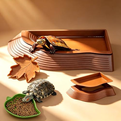 Turtle Water Dish with Ramp, Reptile Pool & Accessories | Turtle water dish with built-in ramp, soaking pool, and food bowl. Pet-safe resin, non-slip base, easy to clean for reptiles.