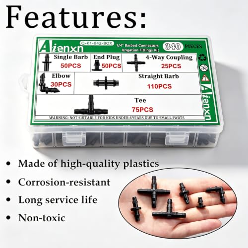 340PCS 1/4" Drip Irrigation Kit Barbed Connectors, Straight Barb, Tee, Single Barb, End Plug, Elbow, 4 Way Coupling Irrigation Fittings for Garden Lawn Flower Pot - size: 340PCS- Barbed Connectors