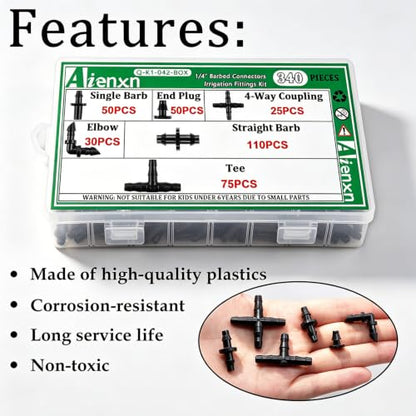 340PCS 1/4" Drip Irrigation Kit Barbed Connectors, Straight Barb, Tee, Single Barb, End Plug, Elbow, 4 Way Coupling Irrigation Fittings for Garden Lawn Flower Pot - size: 340PCS- Barbed Connectors