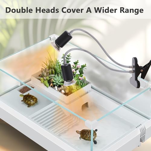 Reptile Heat Lamp with Dual Head, UVA UVB Light for Aquarium Turtle Tank, with 2 * 50w Basking Bulb and 360° Swivel Clamp Stand for Tortoise, Snake, Frog, Lizard. Halogen, Yellow Light - color: Lamp Holder B Dual Head +2 Bulbs
