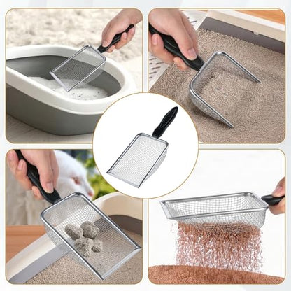 Stainless Steel Mesh Litter Shovel, Black Non-Slip Handle Sifter, Fine Mesh Metal Reptile Litter Cleaner Scooper, for Lizard Substrate Reptile Terrarium Sand Waste, 2.8mm Mesh