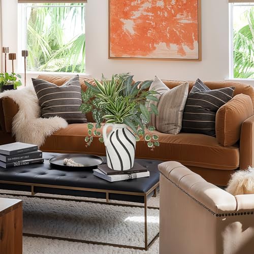 Artificial Greenery Arrangement with Cement Vase, Fake Potted Plants in Rustic Jug Planter, Faux Leaf Bouquet for Table Centerpiece, Farmhouse Home Decor, Dining Room, Living Room, Shelf Decoration
