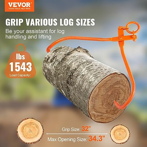 VEVOR Log Skidding Tongs, 32 inch 2 Claw Log Lifting Tongs, Heavy Duty Steel Lumber Skidding Tongs, 1543 lbs/700 kg Loading Capacity, Log Lifting, Handling, Dragging & Carrying Tool - style: 32in-O-Ring