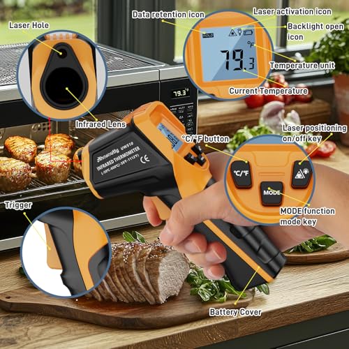 Infrared Thermometer Laser Temperature Gun -58℉ to 1112℉,with Cal Calibration and Adjustable Emissivity,Min& Max Measure,for Cooking,Oven,Meat Food,HVAC,Appliance（Yellow） - color: Yellow