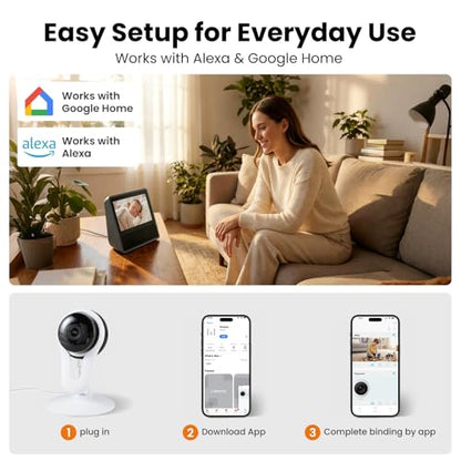 Smart Indoor Pet Camera with Phone App, 2K Home Camera for Dogs, Cats & Family, Motion & Sound Alerts, Night Vision, 2-Way Audio, Alexa Compatible