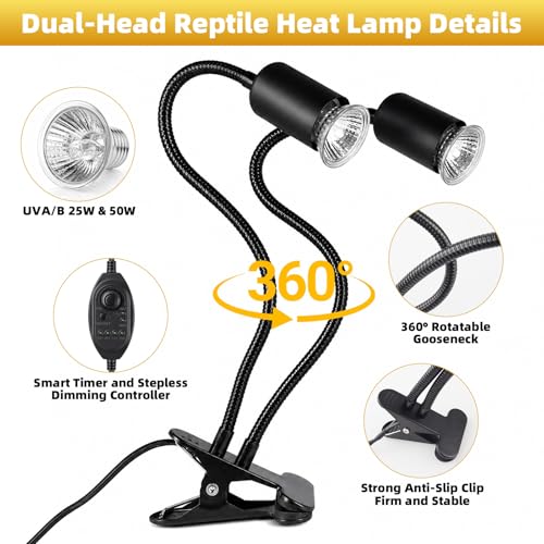 Reptile Heat Lamp with Timer & Hygrothermograph, Double-Head UVA UVB Reptile Light, Simulated Sunlight Basking Spot Lamp for Turtle, Lizard, Snake, Beared Dragon, Amphibians, 2 Bulbs 25W+50W