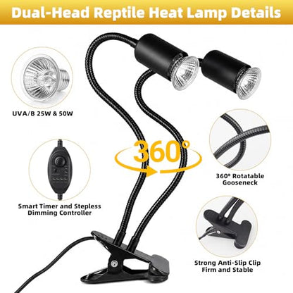 Reptile Heat Lamp with Timer & Hygrothermograph, Double-Head UVA UVB Reptile Light, Simulated Sunlight Basking Spot Lamp for Turtle, Lizard, Snake, Beared Dragon, Amphibians, 2 Bulbs 25W+50W