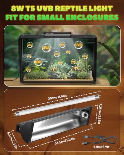 GlowUp T5 UVB Light Reptile Kit 12.4'', UVB 5.0 and UVB 10.0 Switchable for Tropical Rainforest & Desert Reptiles, 8W HO T5 Linear Reptile UVB Light Bar for Bearded Dragon, Gecko, Tortoise, Snake