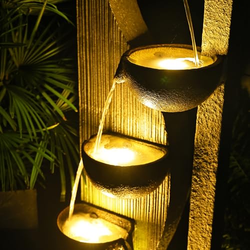 Sunlinua Garden Water Fountains Outdoor 5 Tiered Cascading Bowl Modern Waterfall Fountain with LED Lights, Natural Stones for Garden, Living Room, Patio, Yard Art Decor, 16.3" L * 10.8" W * 49.2" H