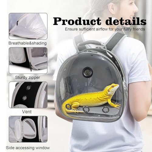 Back Extention Bearded Dragon Travel Backpack Carrier with Reptile Thermometer and Humidity Gauge Lizard Travel Cage Space Capsule Clear Bubble Window Astronaut Reptile Carrier Bag for Ball Python - color: Black