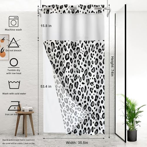 Animal Snow Black Grey No Hooks Shower Curtain with Snap in Liner Set, Leopard Print Pattern Animal Print Design Tub Curtainn Mesh Top Window & Magnetic Hem Waterproof 35.5X74 Inch - color: Animal Dapple Black2, size: 35.4"W x 74"L (Pack of 1)