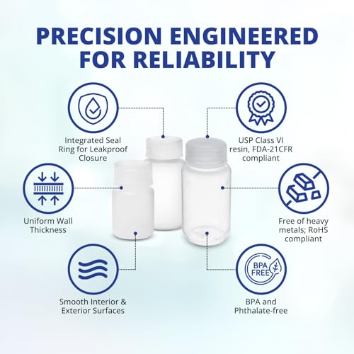 United Scientific™ Polypropylene Sample Bottles with Lids, 500ml, 144-Pack | 16 oz Bottles with Lids, BPA-Free, RoHS Compliant, Leakproof Seal Ring, -40°C to 121°C Range, Wide Mouth Reagent Bottle - size: 16 oz (Pack of 144)