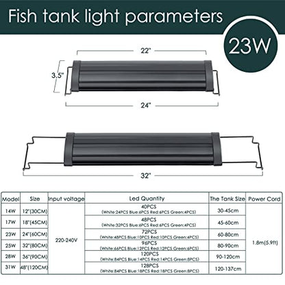 AQQA Aquarium Light,Full Spectrum LED Fish Tank Lights | 12"-54" Adjustable Multi-Color White Blue Red Green LEDs with Extendable Brackets,14W-31W for Freshwater Plants 23W (24"-32") - size: 23W (24"-32")