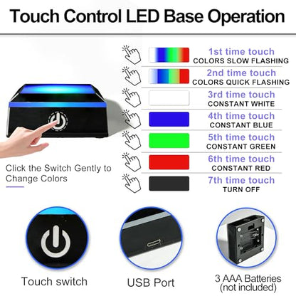 LED Light Base Anti-Slip Square Display Stand, Color Can Change, Suitable for Glass, Crystal, and Transparent or Semi-Transparent Artworks (2 Black)