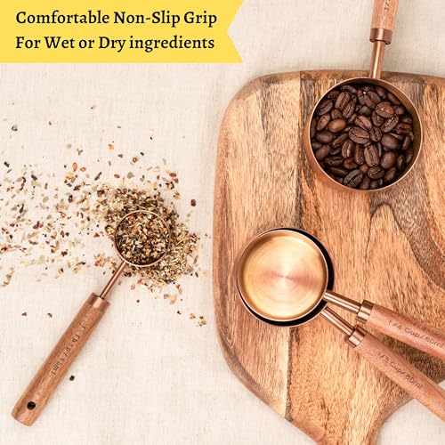 Copper Stainless Steel Measuring Cups and Spoons Set of 8, Wooden Handle with US and Metric Measurements