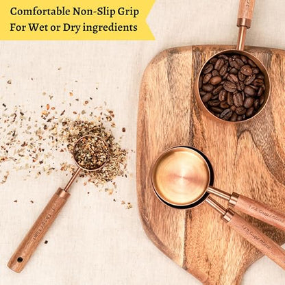 Copper Stainless Steel Measuring Cups and Spoons Set of 8, Wooden Handle with US and Metric Measurements