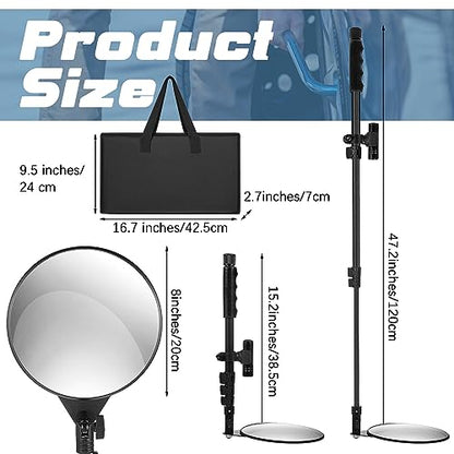 Barydat 2 Pack Under Vehicle Inspection Mirror with Telescoping Handle and Light 8 Inch Diameter Security Angle Adjustment Handheld Inspection Mirror for Under Car Truck Equipment Over Shelf - size: 8 Inch
