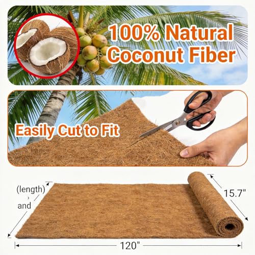 Coco Coir Liner, 16x120 inch Natural Coconut Liners for Planters Flower Basket, Coconut Fiber Mat Garden Decoration Animal Pet Pad Reptile Carpet Snow Mat