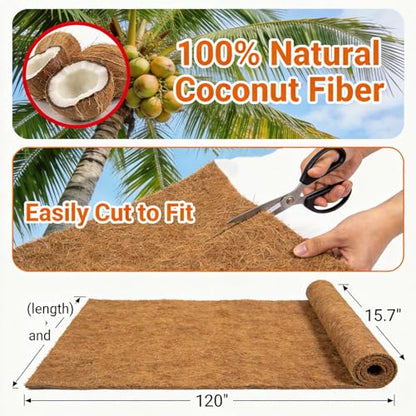 Coco Coir Liner, 16x120 inch Natural Coconut Liners for Planters Flower Basket, Coconut Fiber Mat Garden Decoration Animal Pet Pad Reptile Carpet Snow Mat