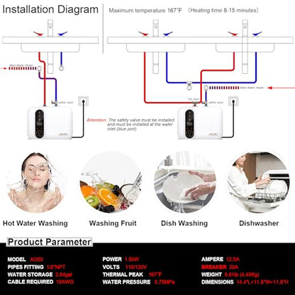 110V-120V 1.5Kw Instant Electric Hot Water Heater Under Kitchen Small Tank 2.5-3.0 Gallon Storage,Rv Trailer Instant Counter Compact Point-of-Use,2 PCs 16” Long 1/2”FIP Stainless Steel Water Hose 11L
