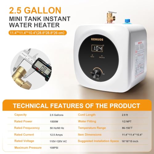 Mini Tank Water Heater 2.5 Gallon Under Sink Hot Water Heater | LED Display; T&P Safety Relief Valve; 3-Way Diverter; 110V 120V 1500W; Compact Mini Design; For Kitchen, Apartment,Bathroom - color: White