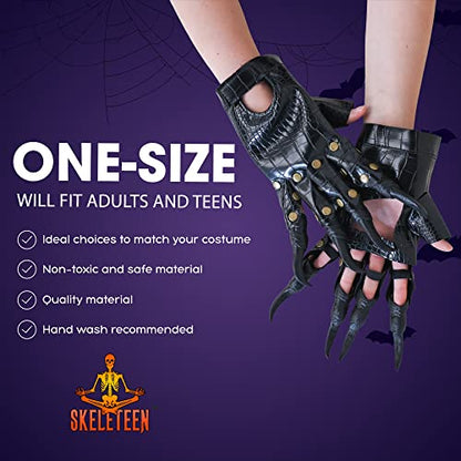 Faux Leather Claw Costume Gloves - Black Lizard Skin Scary Animal Gloves