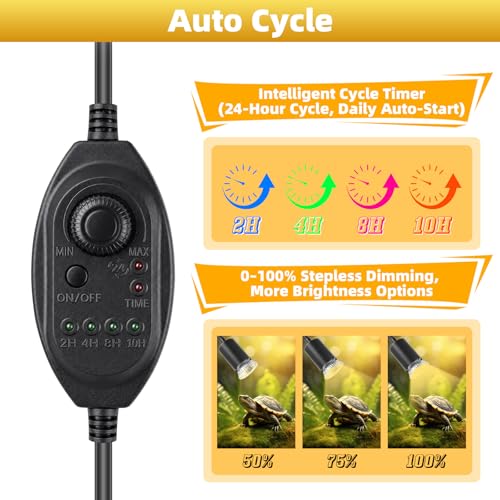 Reptile Heat Lamp with Timer & Hygrothermograph, Double-Head UVA UVB Reptile Light, Simulated Sunlight Basking Spot Lamp for Turtle, Lizard, Snake, Beared Dragon, Amphibians, 2 Bulbs 25W+50W