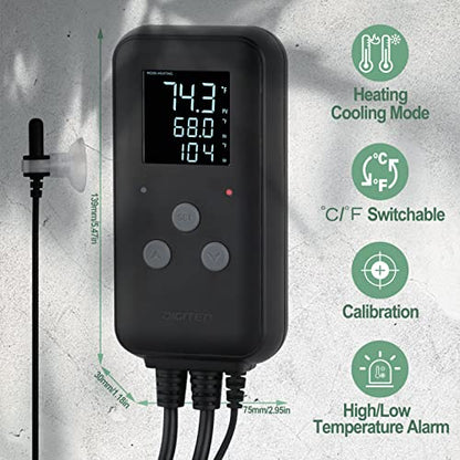 DIGITEN Waterproof Digital Temperature Controller for Aquarium, Greenhouse & Outdoor Heating - 10A Heat Mat Thermostat Controller - size: 10A Waterproof Temperature Controller