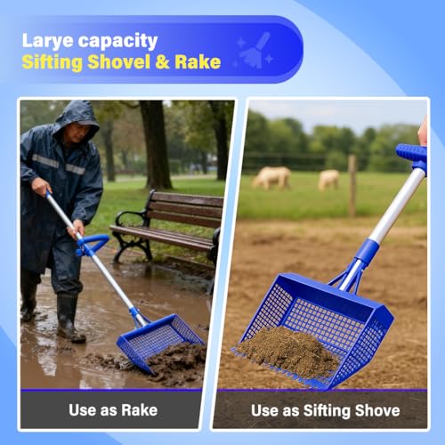 Chicken Poop Scooper & Rake 2-in-1, 304 Stainless Steel Shovel Head - 2X Waste Removal, Easy Clean Anti-Rust Litter Sifting Scoop, Cattle Pen & Beach Sand | Back-Knee Friendly Chicken Coop Accessories