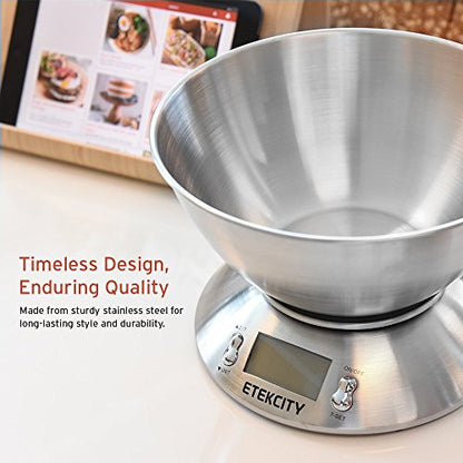 Etekcity Food Scale with Bowl, Timer and Temperature, Grams and Ounces | Stainless steel bowl with tare, temperature sensor, ideal for baking, coffee and meal prep - color: Stainless Steel-Silver