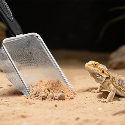 Hiceeden 4 Pcs Stainless Steel Small Mesh Scooper, Hamster Fine Sand Bath Scooper, Reptile Rabbit Litter Sand Waste Scoop, Beach Mesh Shovel for Shell Collecting, Shark Tooth Sifter, 1mm Hole