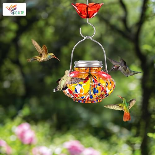 Hummingbird Feeder for Outdoors, Hand Blown Glass, Top Fill, Orange | 10oz Glass Mason Jar with Ant Moat, Bee & Leak Proof, 4 Flower Feeding Ports, Garden Decor, Easy-Refill, Gift for Bird Lovers - color: Orange