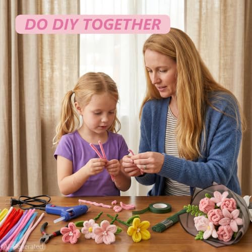 Cwczhi 600 PCS Pipe Cleaners Craft,9 Colors Pipe Cleaner Bulk Flower Kit | with Instructions,Floral Wires,Stamen,Wrapping Paper& Ribbon,Art and Craft Supplies - color: pink-2