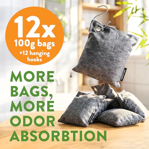 Activated Bamboo Charcoal Odor Absorber Bags for Strong Odors - 12 Pack Large 100g Air Purifying Bags, Natural Activated Charcoal Deodorizer for Shoes, Closet, Car, Gym Bag, Bathroom & Home - style: 12 x 100g